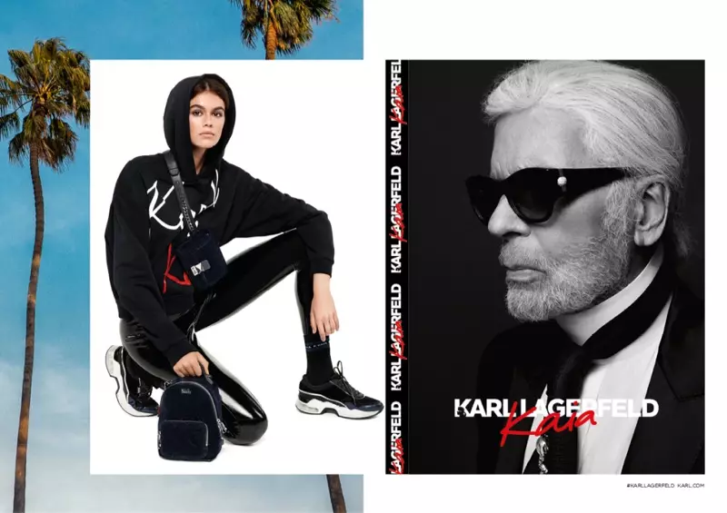 Nakasuot ng hoodie ang modelong si Kaia Gerber sa kampanyang Karl Lagerfeld x Kaia Gerber