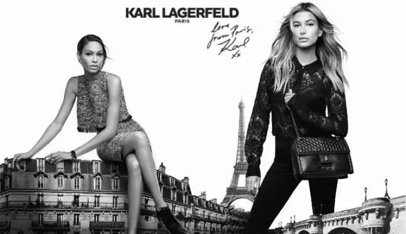 Joan Smalls jeung Hailey Baldwin pasang aksi gigireun Menara Eiffel pikeun kampanye Karl Lagerfeld Paris