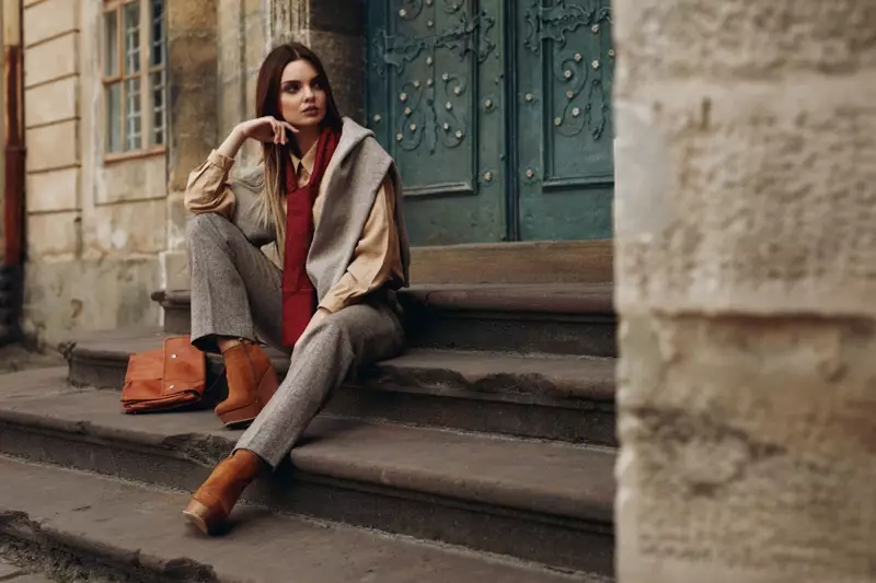 Woman Fall Outfit Shirt Scarf Pants Boots Sitting