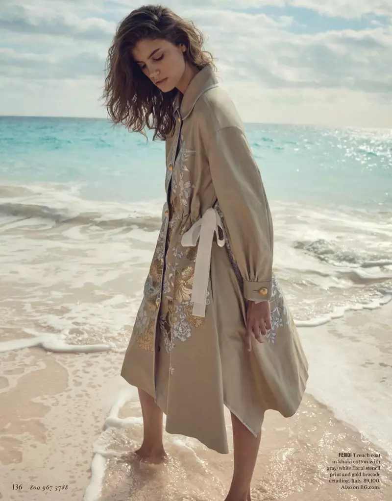 Fendi Trench Coat in Khaki Cotton with Floral Stencil Printing and Gold Brocade Detailing