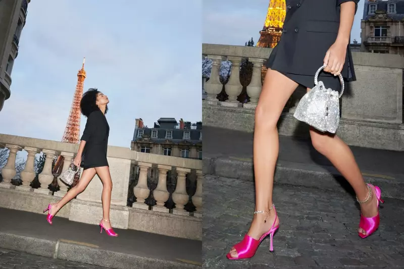 Jimmy Choo präsentiert Sae 90-Sandalen und eine Bon Bon-Tasche in der Frühjahr-Sommer-Kampagne 2021.