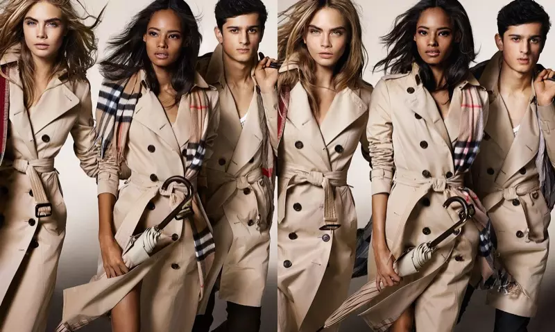 Модельләр 2014-нче елның көз-кыш кампаниясендә Burberry траншея пальто киеп йөриләр. Йомшак һәм нечкә силуэт аның тамырыннан аерылып тора.