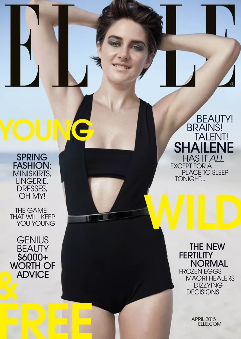 Shailene Woodley koristaa ELLE US:n huhtikuun 2015 kansikuvaa yllään Balmain-body ja musta rannerengas.