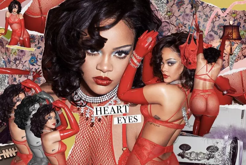 Id-disinjatur Rihanna tidher ħamra fil-kampanja ta' Savage x Fenty Valentine's Day 2021.