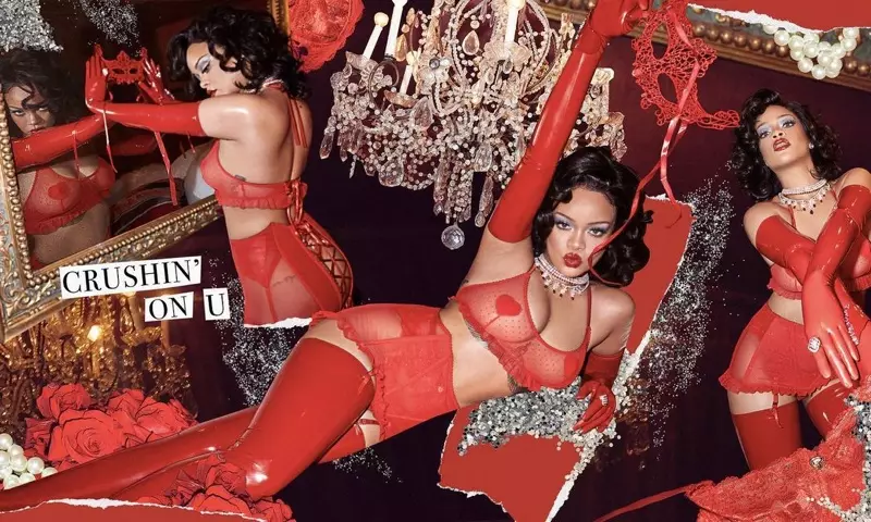 Rihanna poserer i en collage og står foran Savage x Fenty Valentine's Day 2021 lingeri-kampagne.